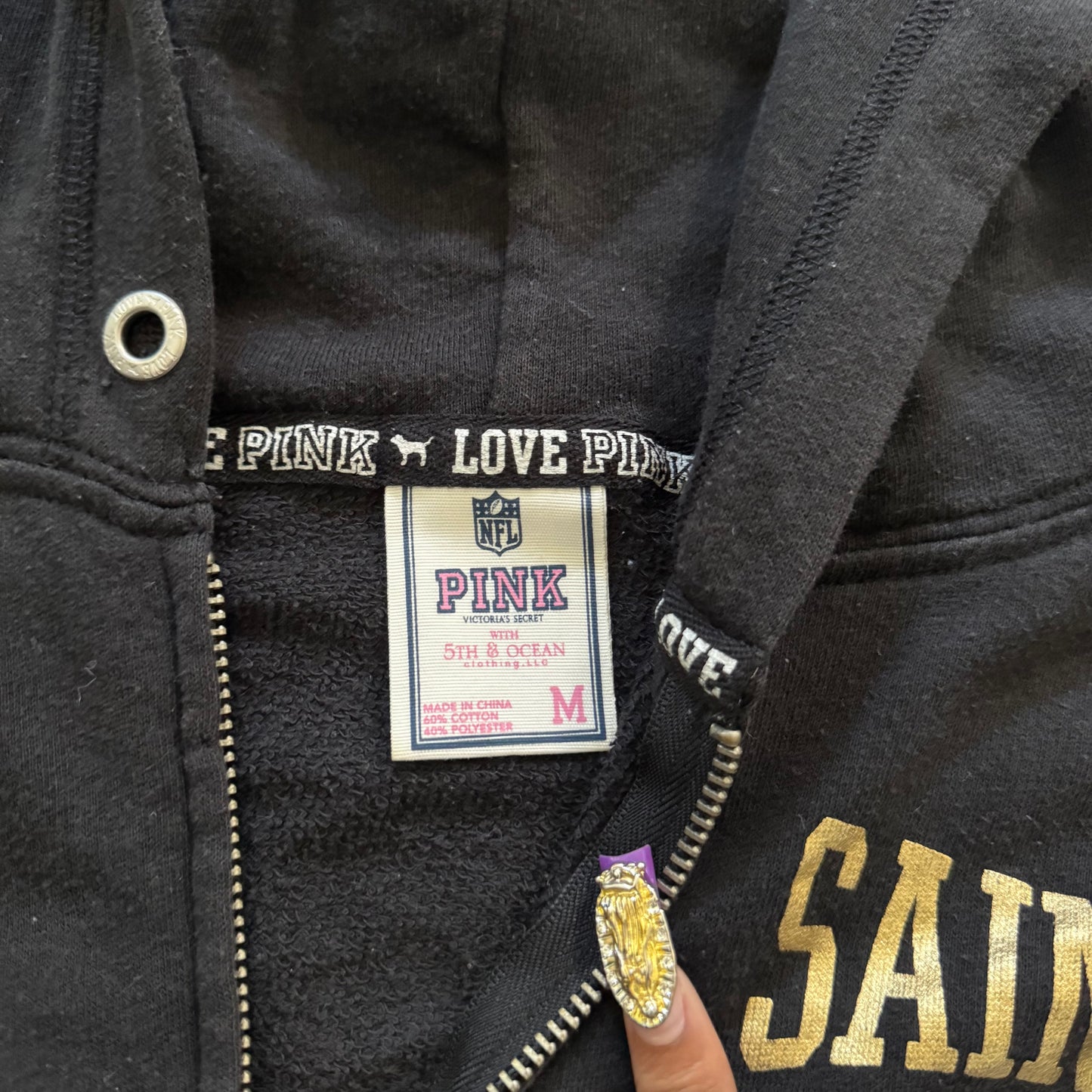 black & gold victorias secret rhinestone new orleans saints zip up hoodie jacket