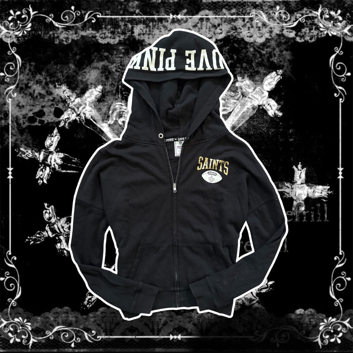black & gold victorias secret rhinestone new orleans saints zip up hoodie jacket