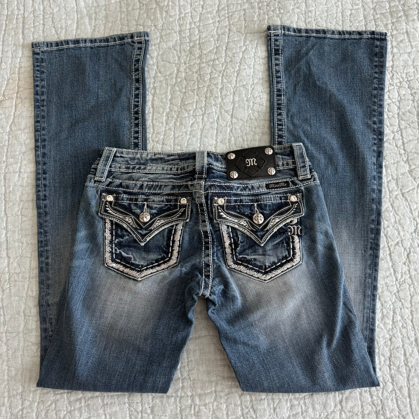 Denim Blue ‘Miss Me’ Deadstock Y2K Contrast Stitching Lowrise Bootcut Jeans