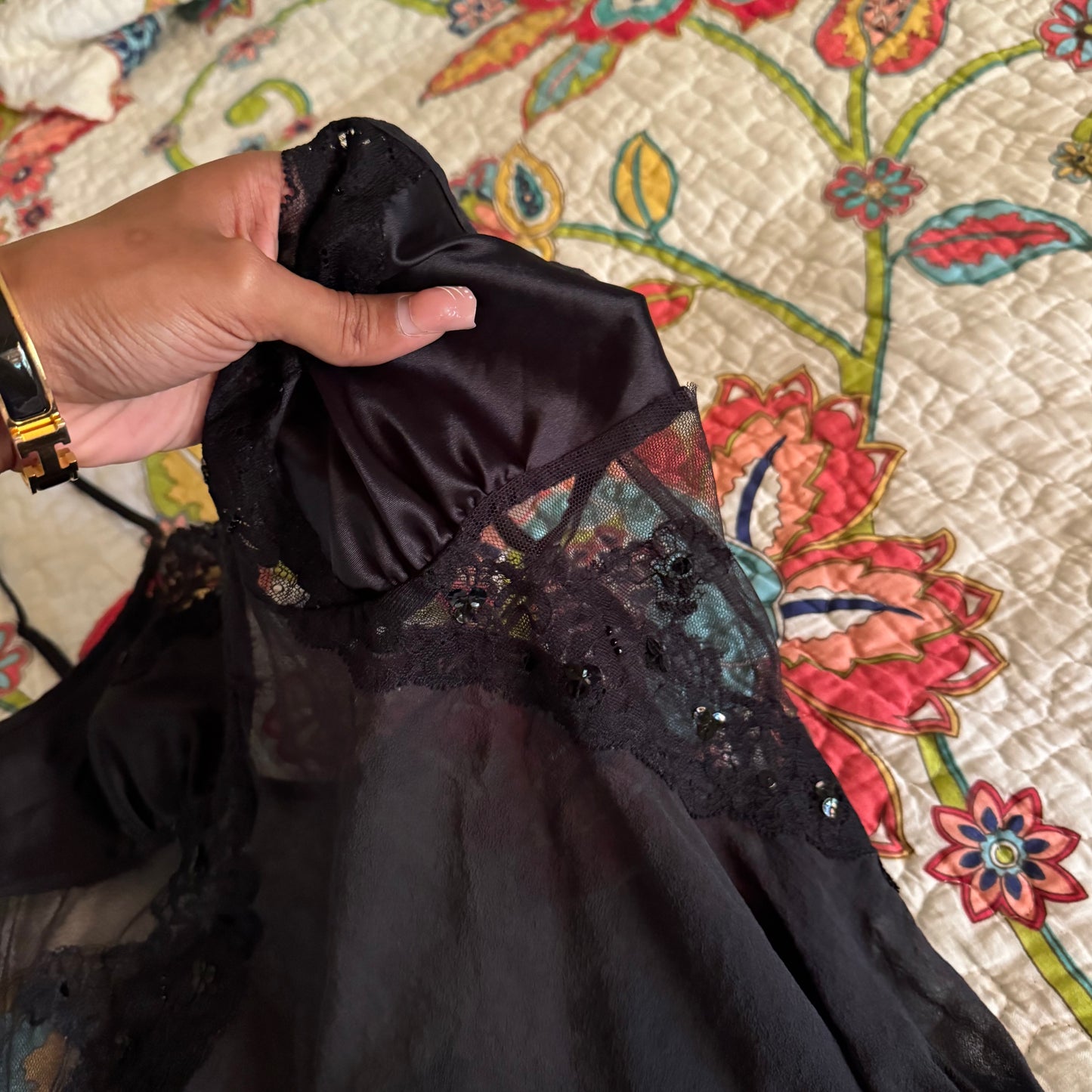 black victoria’s secret sequin lace mesh lingerie top (S)