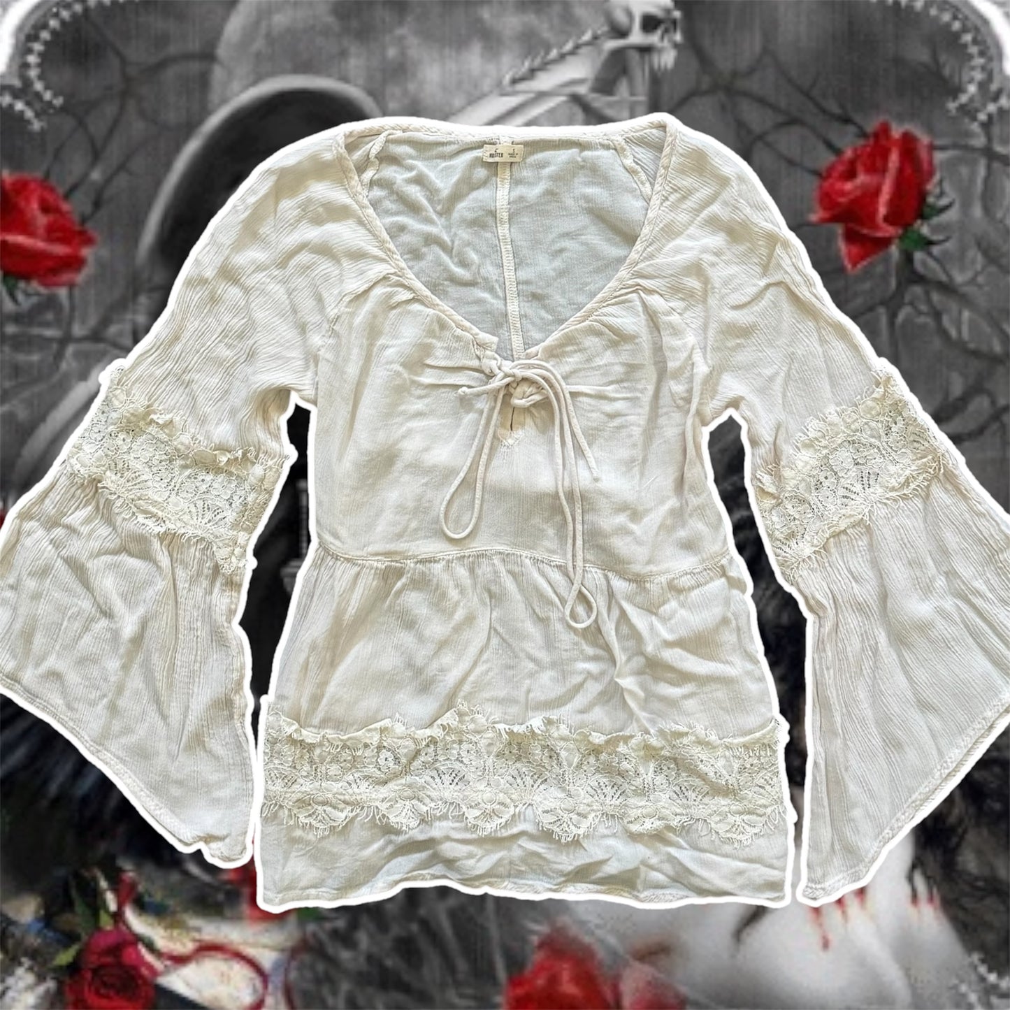 white hollister bohemian flare bell sleeves flowy blouse