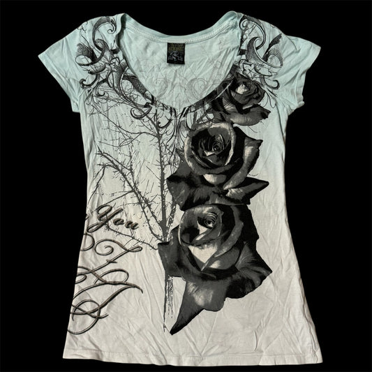 Ombré Blue ‘Rest’ Rose Print Gothic Top