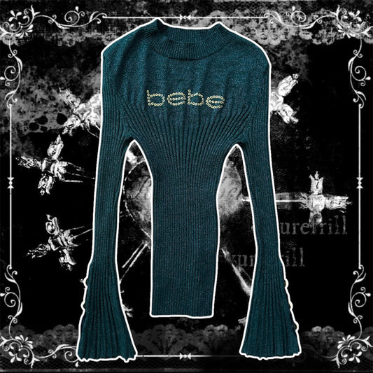 aqua dark green bebe bell sleeve blouse