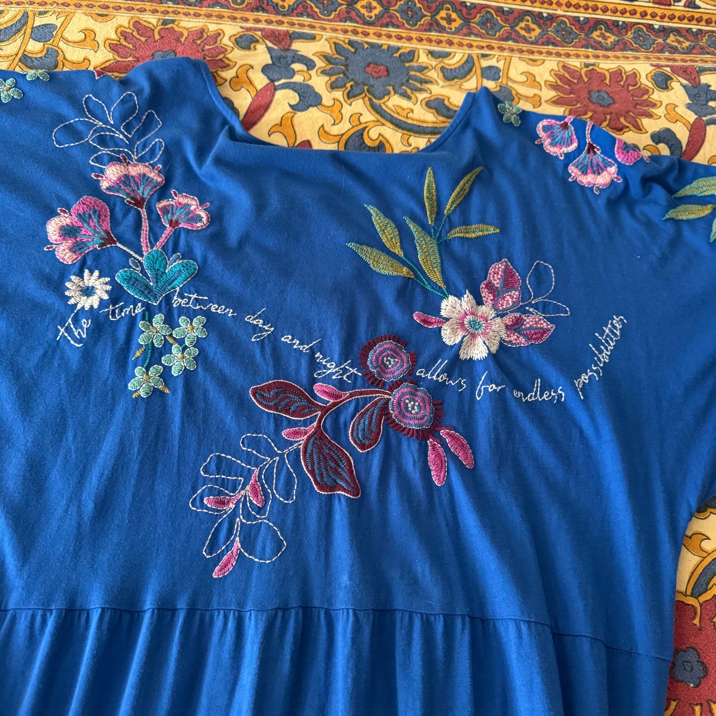 blue NWT boho floral johhny was inspiring embroidered words tiered dress