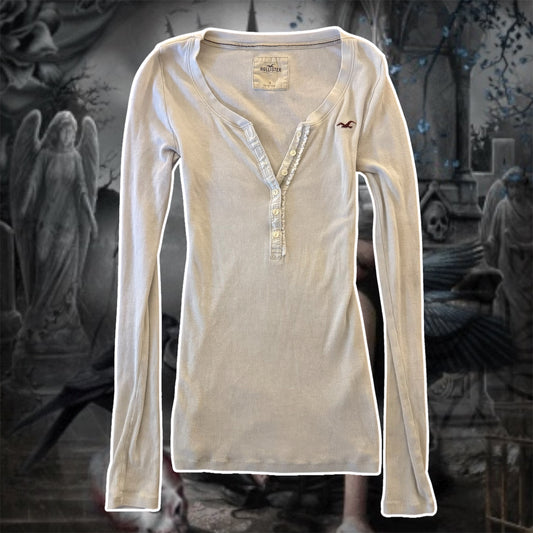 white hollister vintage y2k 2000’s lace trim ribbed henley top