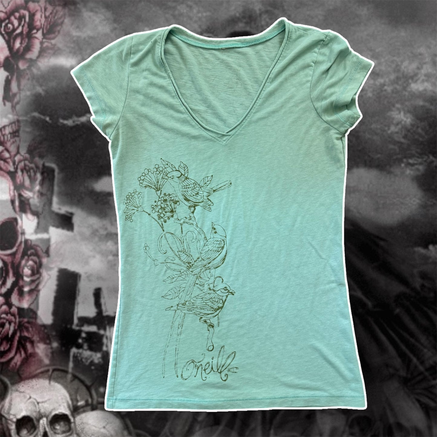 blue o’neil y2k birds graphic short sleeve shirt (S)