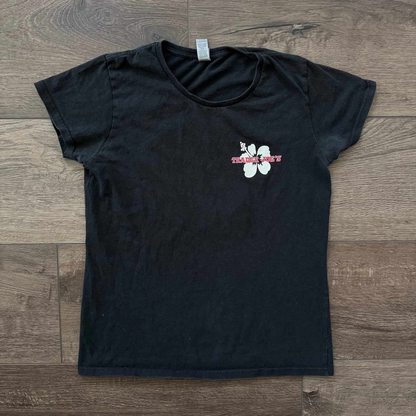 black & red trader joe’s hibiscus flower graphic shirt