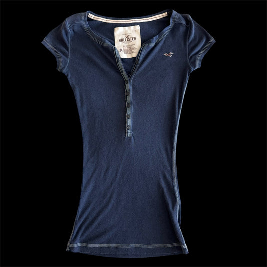 Blue ‘Hollister’ V Neck Button Up Stretchy Ribbed Shirt