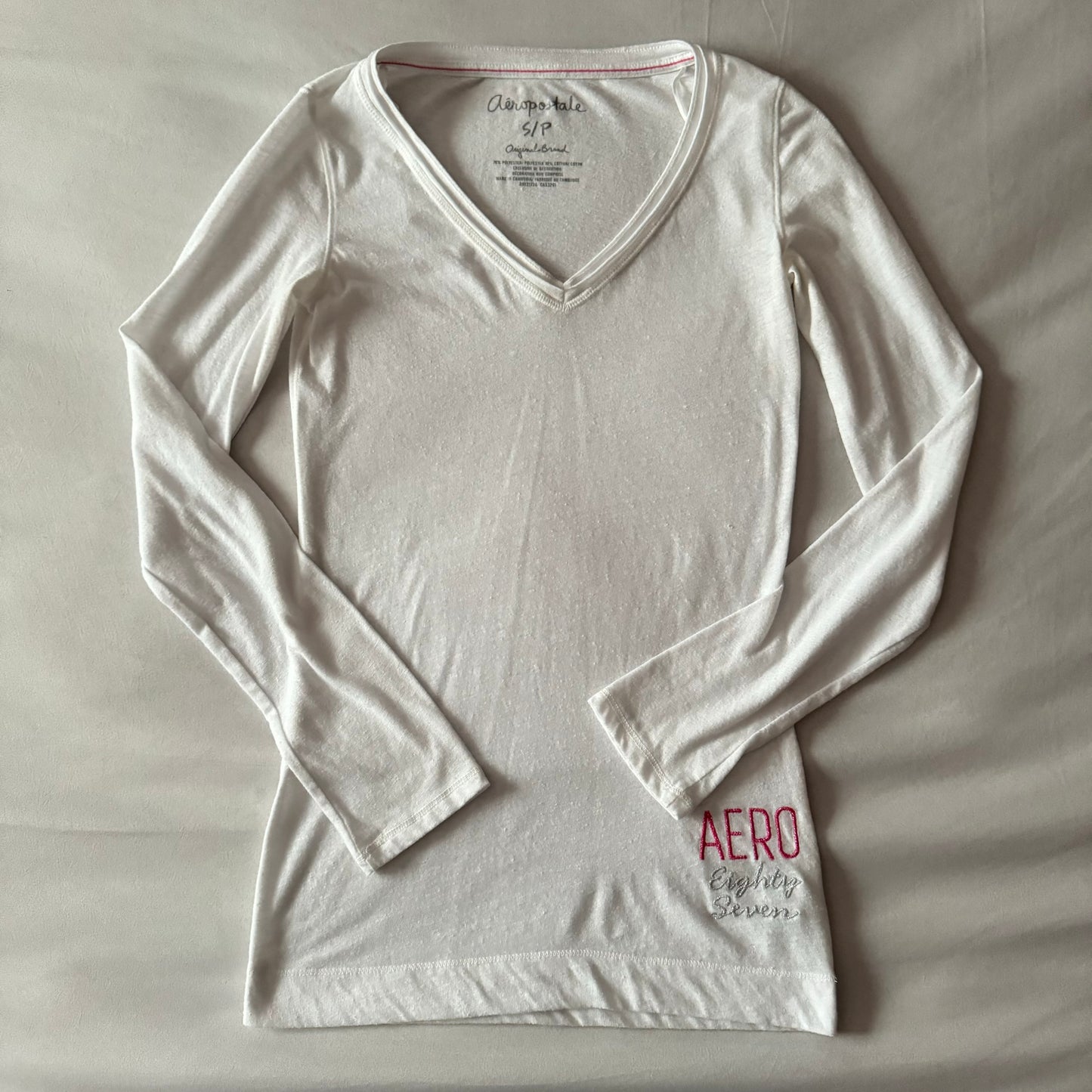 White ‘Aeropostale’ Y2K Pink Stitching Long Sleeve Shirt