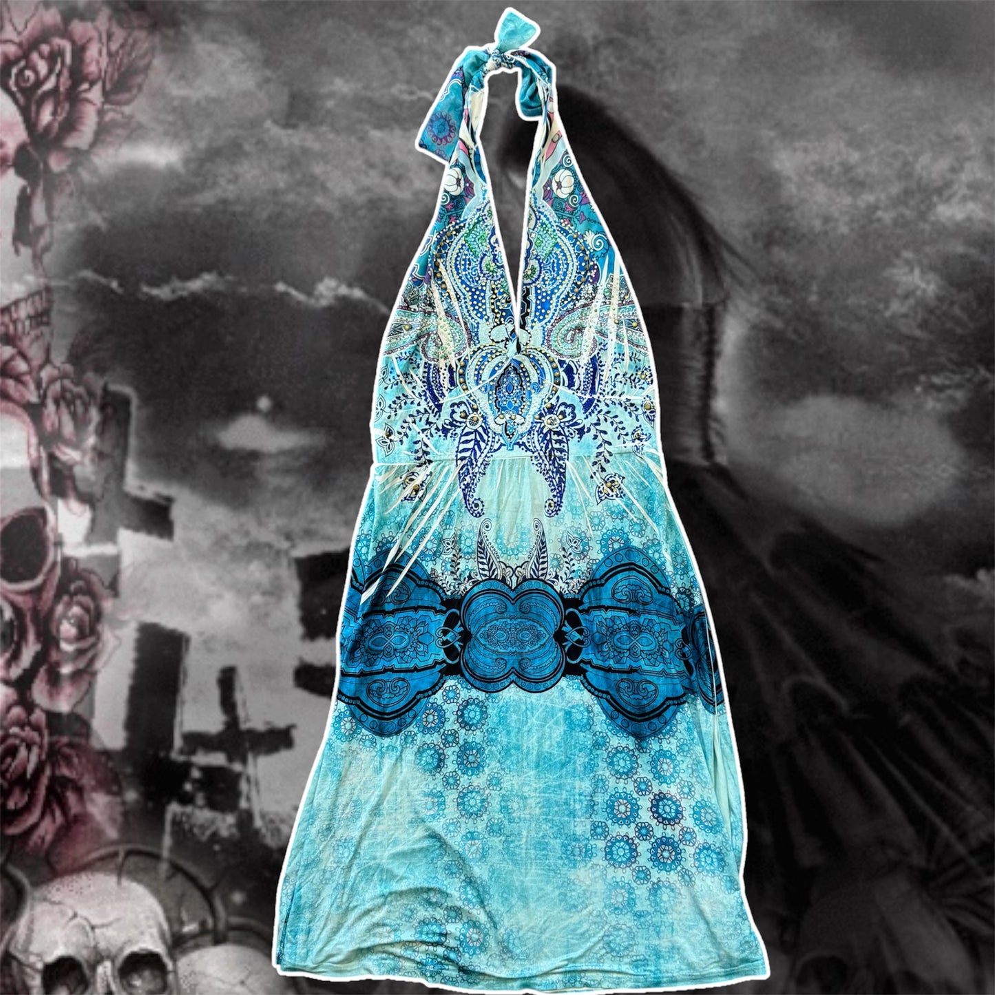 blue y2k rhinestones boho halter dress (S)