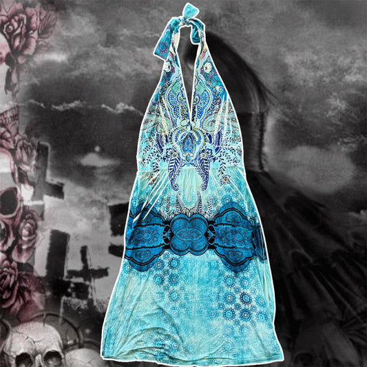 blue y2k rhinestones boho halter dress (S)