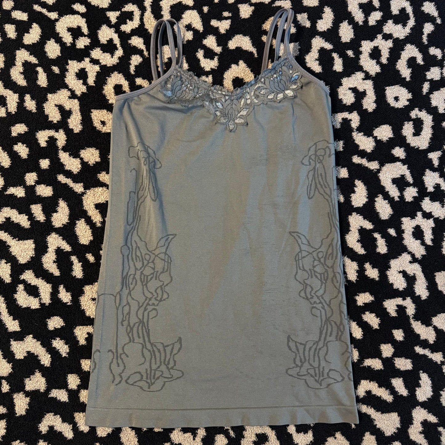 dark grey floral stretchy lace trim cami top (OS)