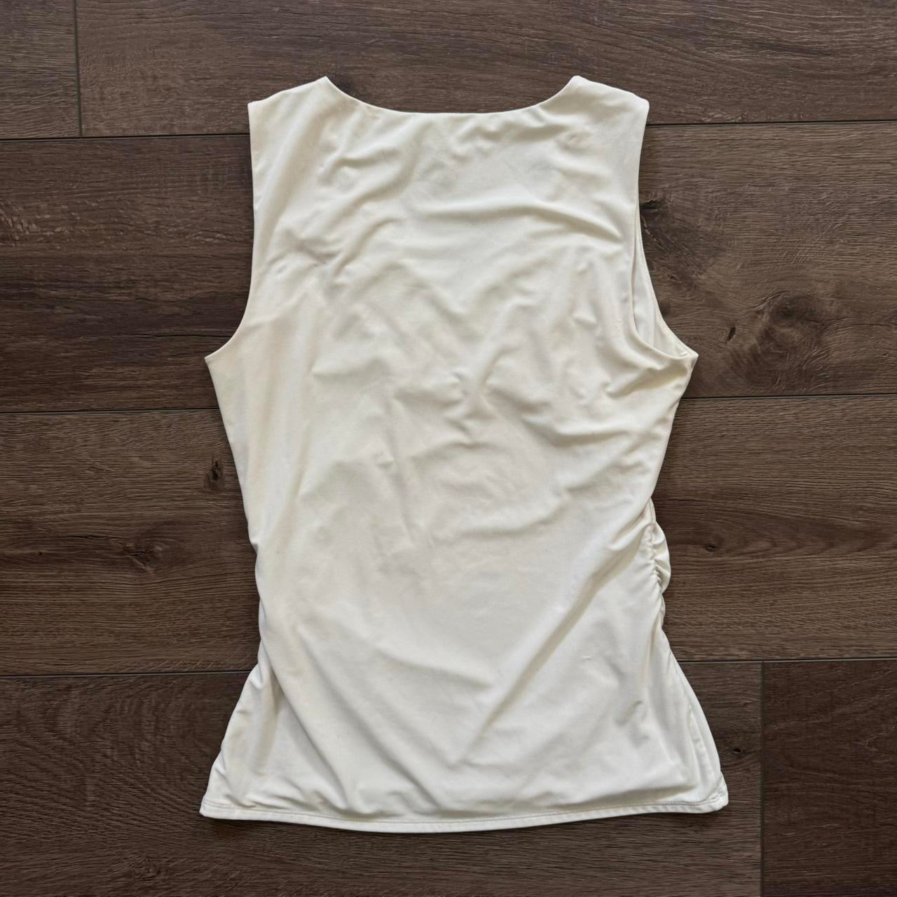 white sequin trim v neck ruched blouse