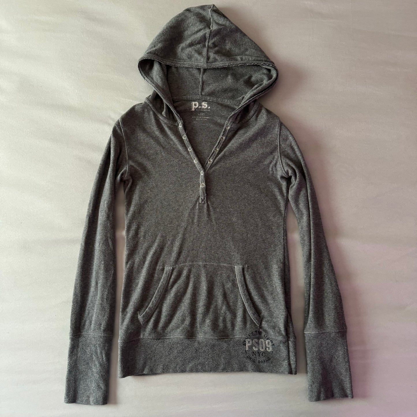 Grey ‘P.S Aeropostale’ Henley Style Stretchy Hoodie Long Sleeve Shirt