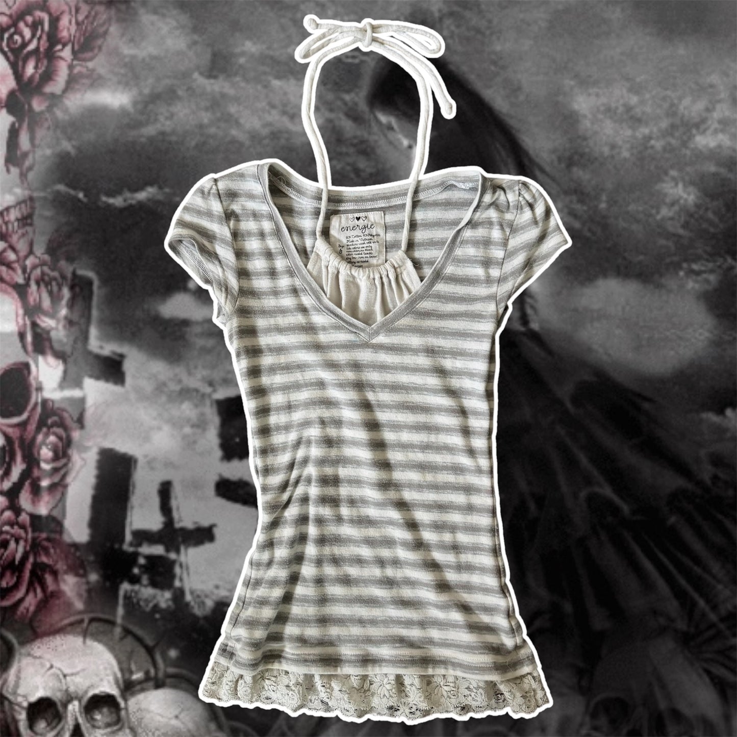 grey & white y2k stripped halter lace trim double layered top (S)