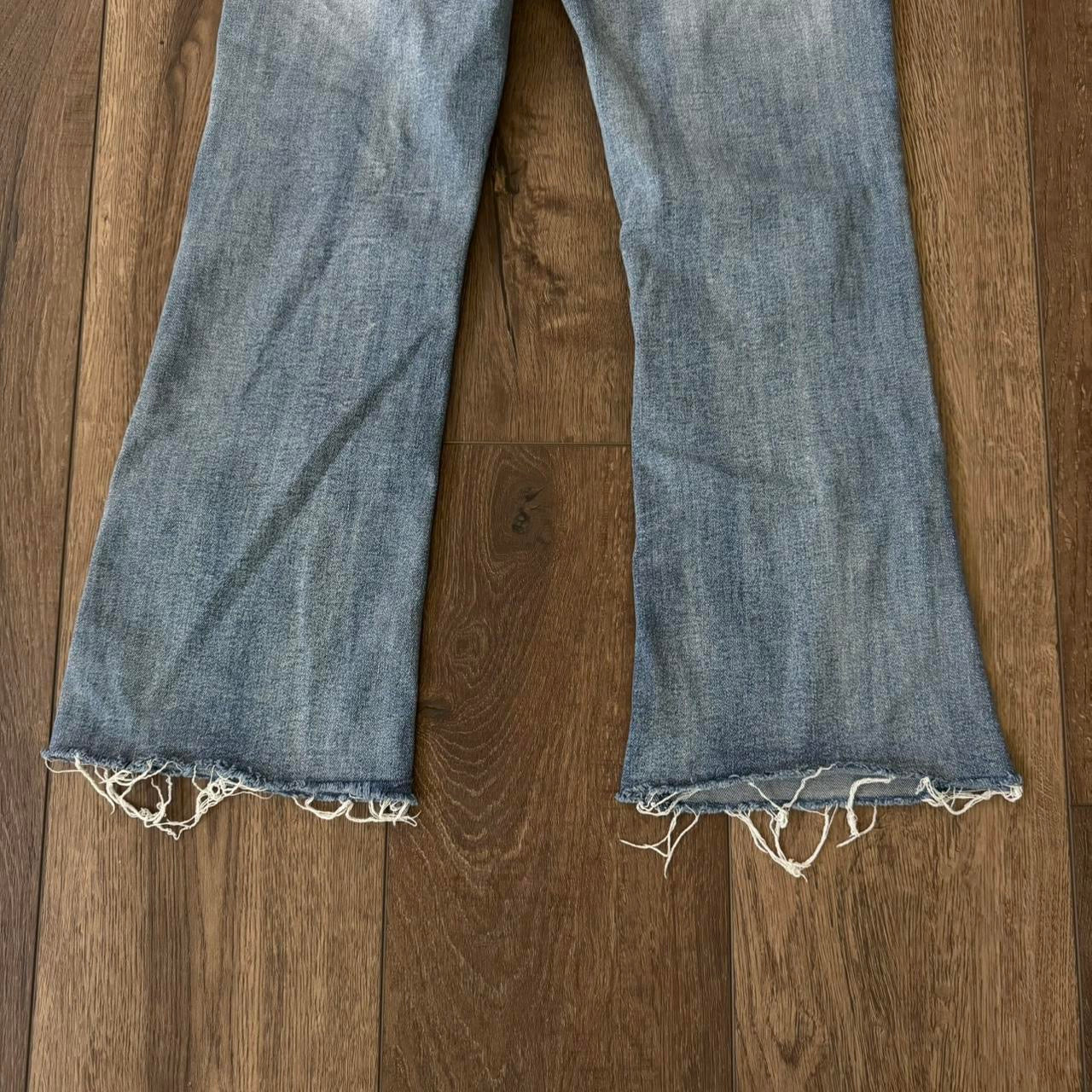 light blue distressed y2k rhinestone embellished contrast stitching highrise bootcut jeans