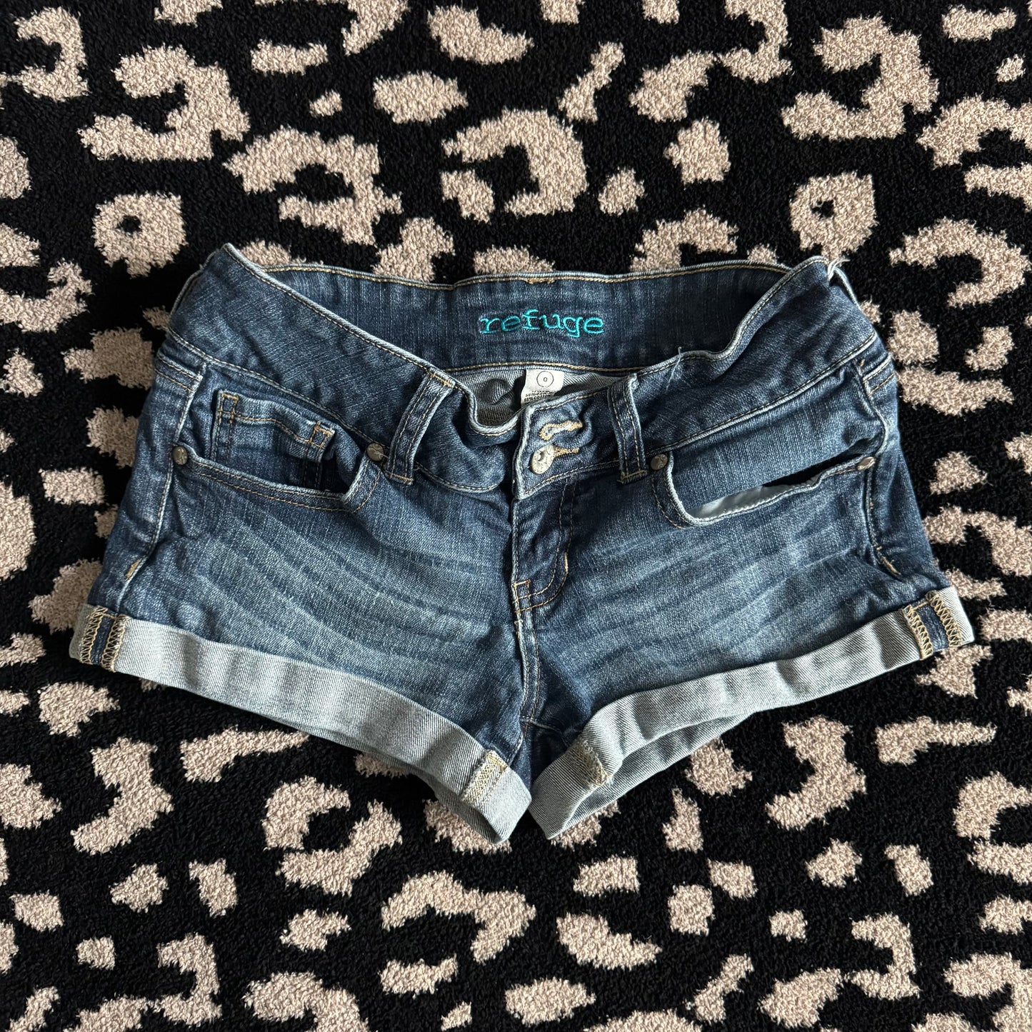 denim blue refuge y2k 2000’s ultra low rise shorty shorts (0)