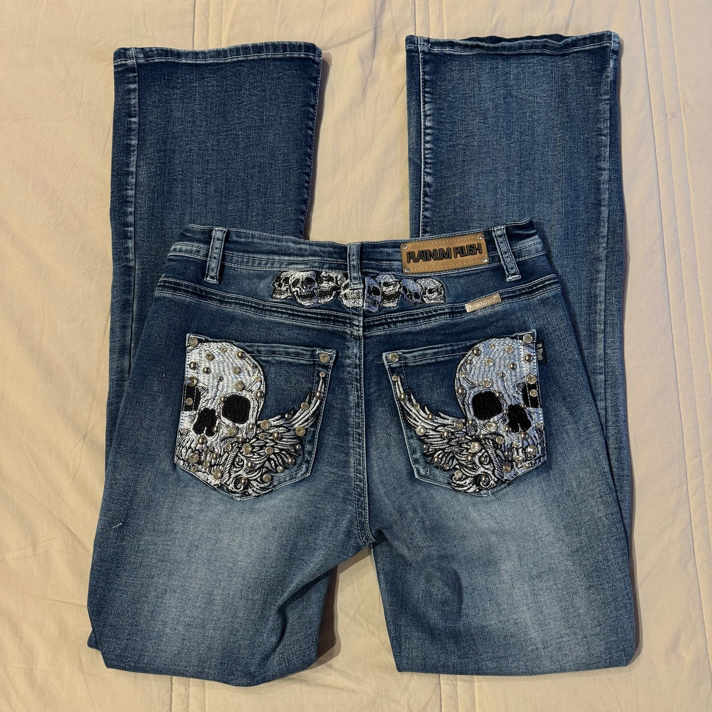 Denim Blue ‘Platinum Plush’ Skull Embroidered High Rise Bootcut Jeans