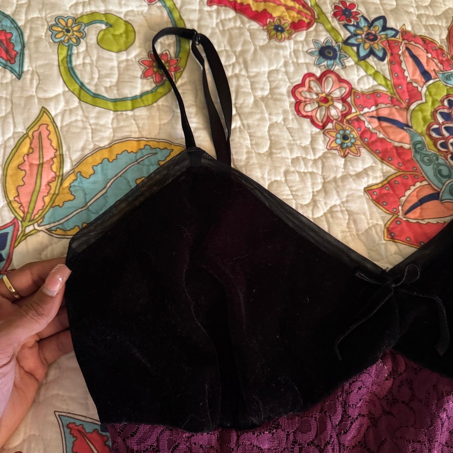 purple & black floral velvet mesh y2k fairy cami top (L/XL)