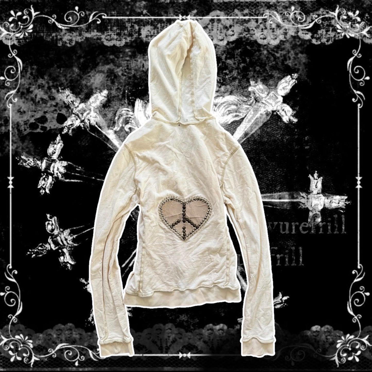 crème rhinestone heart peace sign y2k distressed hoodie
