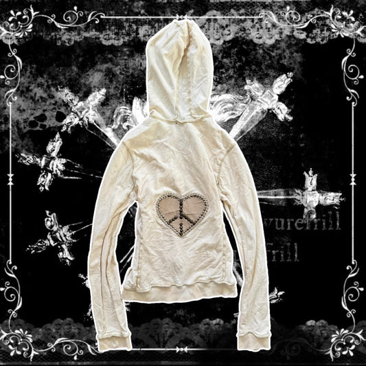 crème rhinestone heart peace sign y2k distressed hoodie
