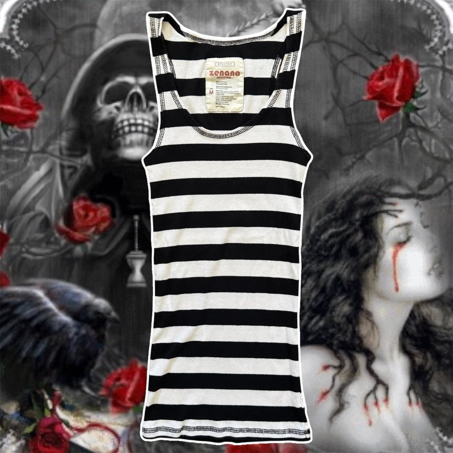 black & white stripped grungy ribbed fitted tank top
