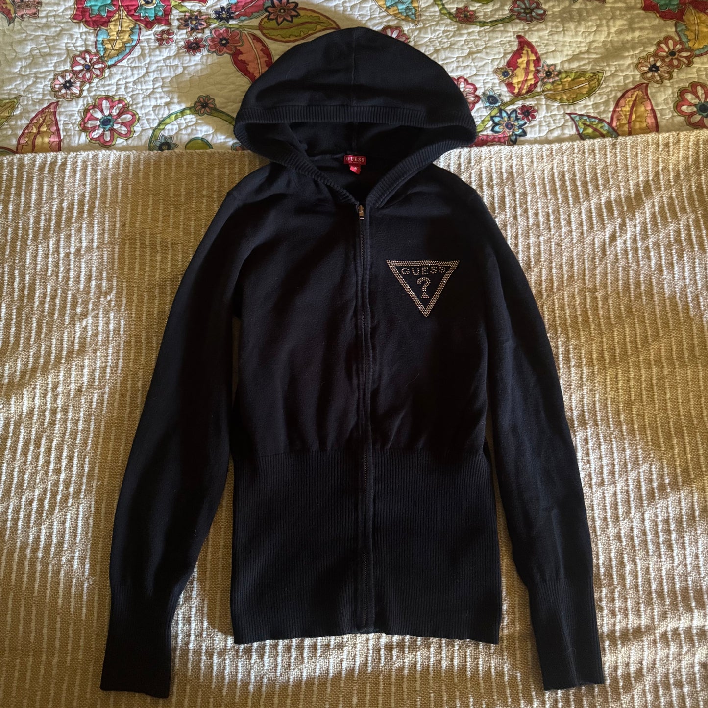 black rhinestone guess fitted knitted zip up hoodie jacket (M)
