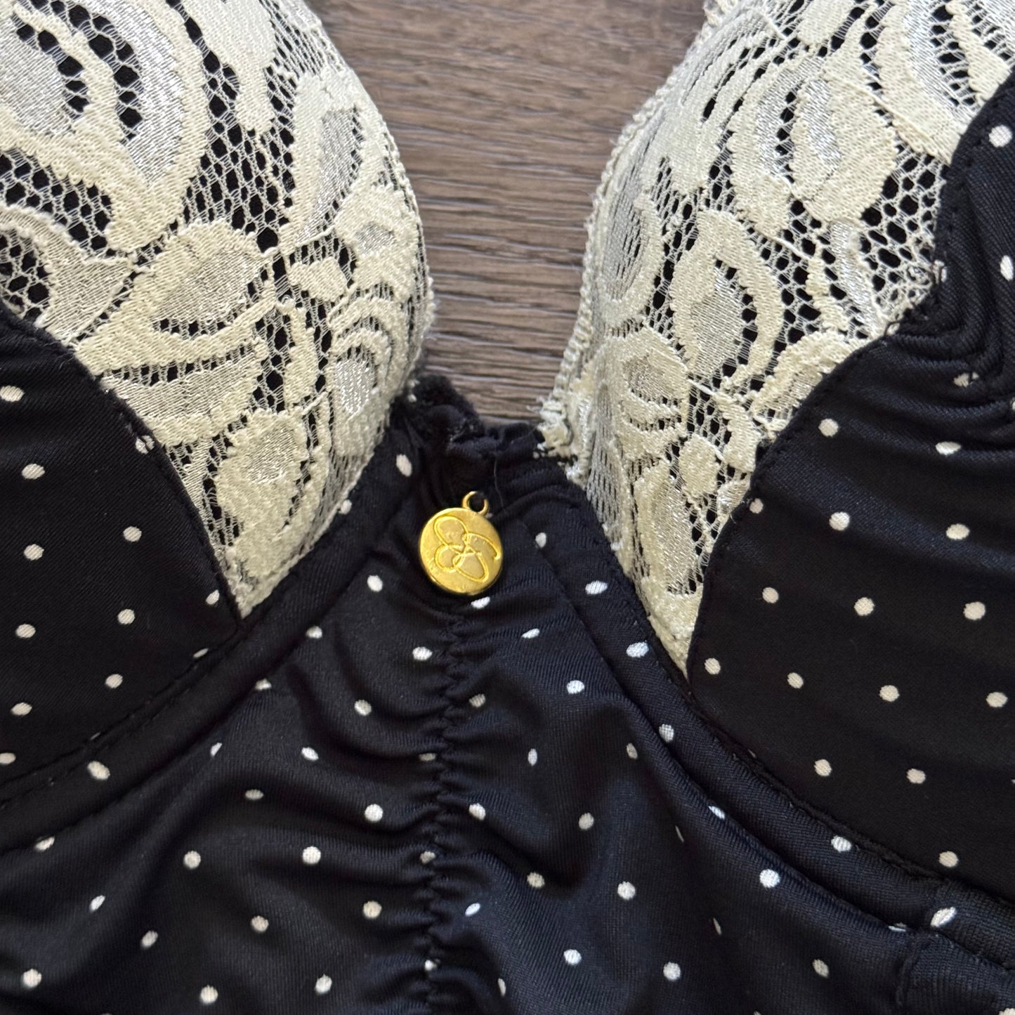 navy blue & white polka dot lace trim corset top