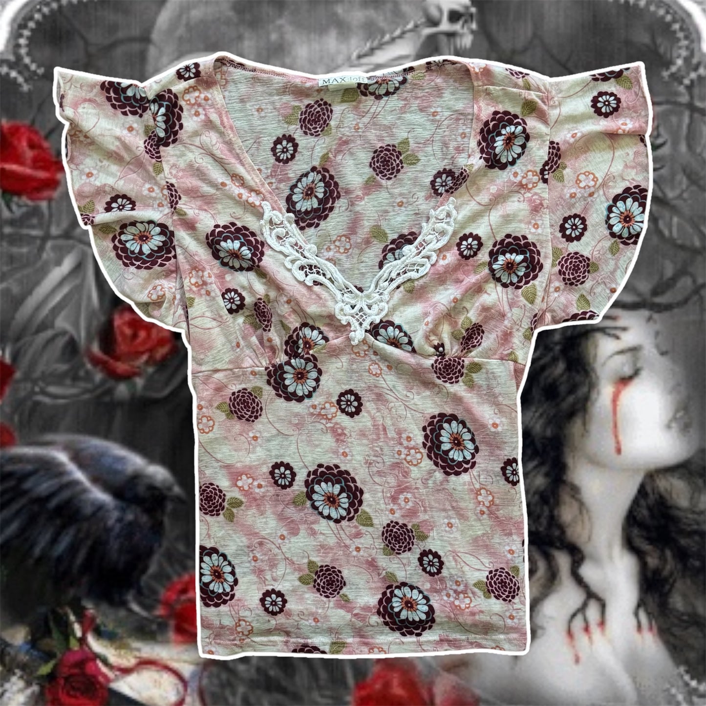 pink y2k fairygrunge floral lace trim v neck blouse