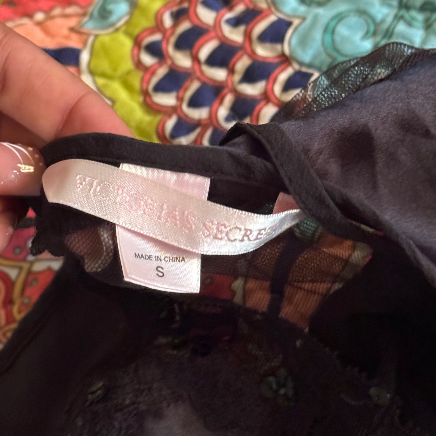 black victoria’s secret sequin lace mesh lingerie top (S)