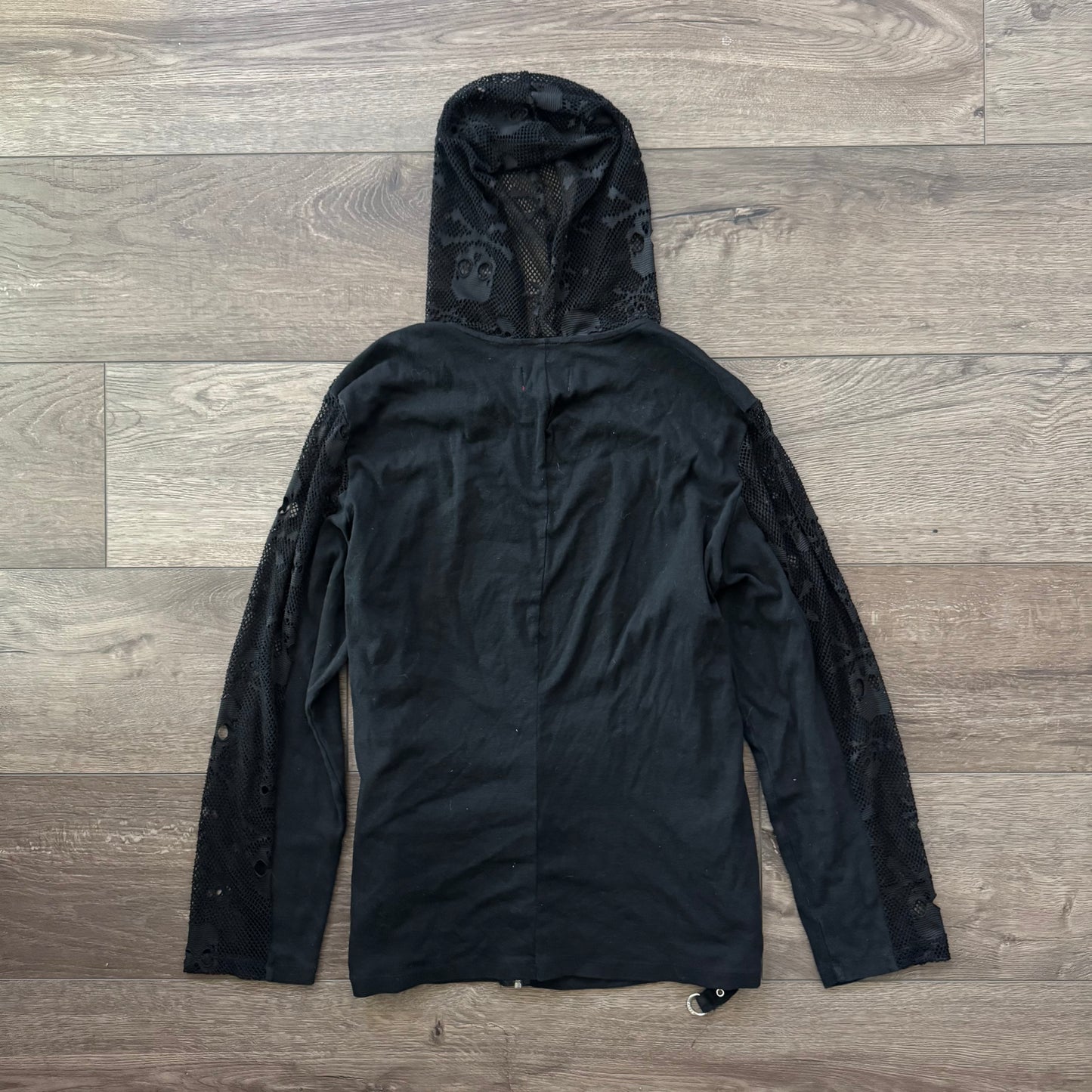 rare black tripp nyc mesh skull grungy zip up jacket hoodie