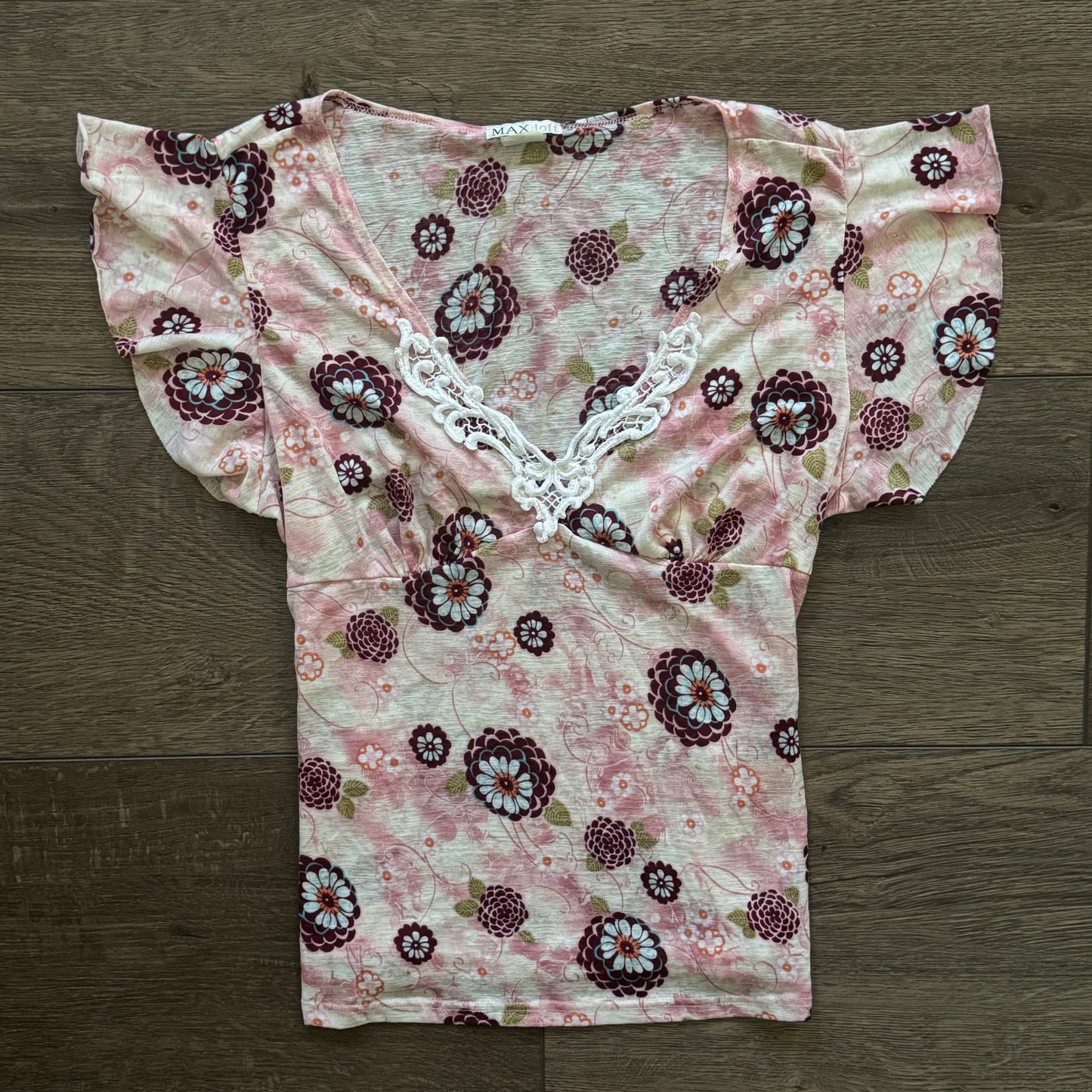 pink y2k fairygrunge floral lace trim v neck blouse