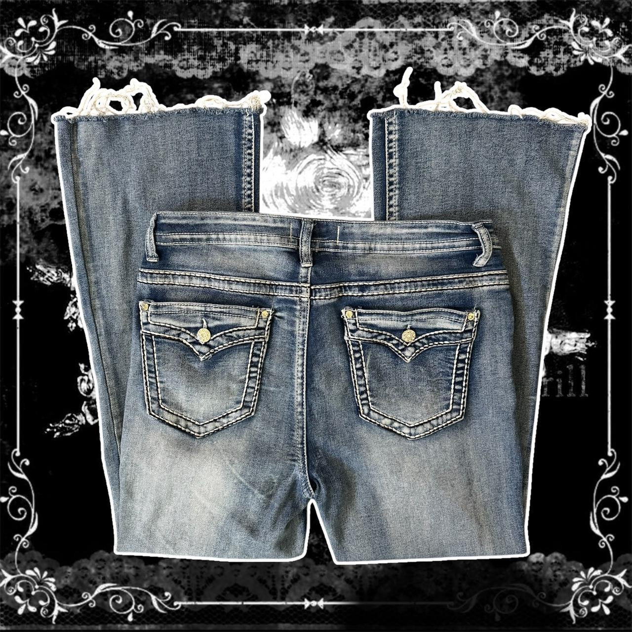 light blue distressed y2k rhinestone embellished contrast stitching highrise bootcut jeans