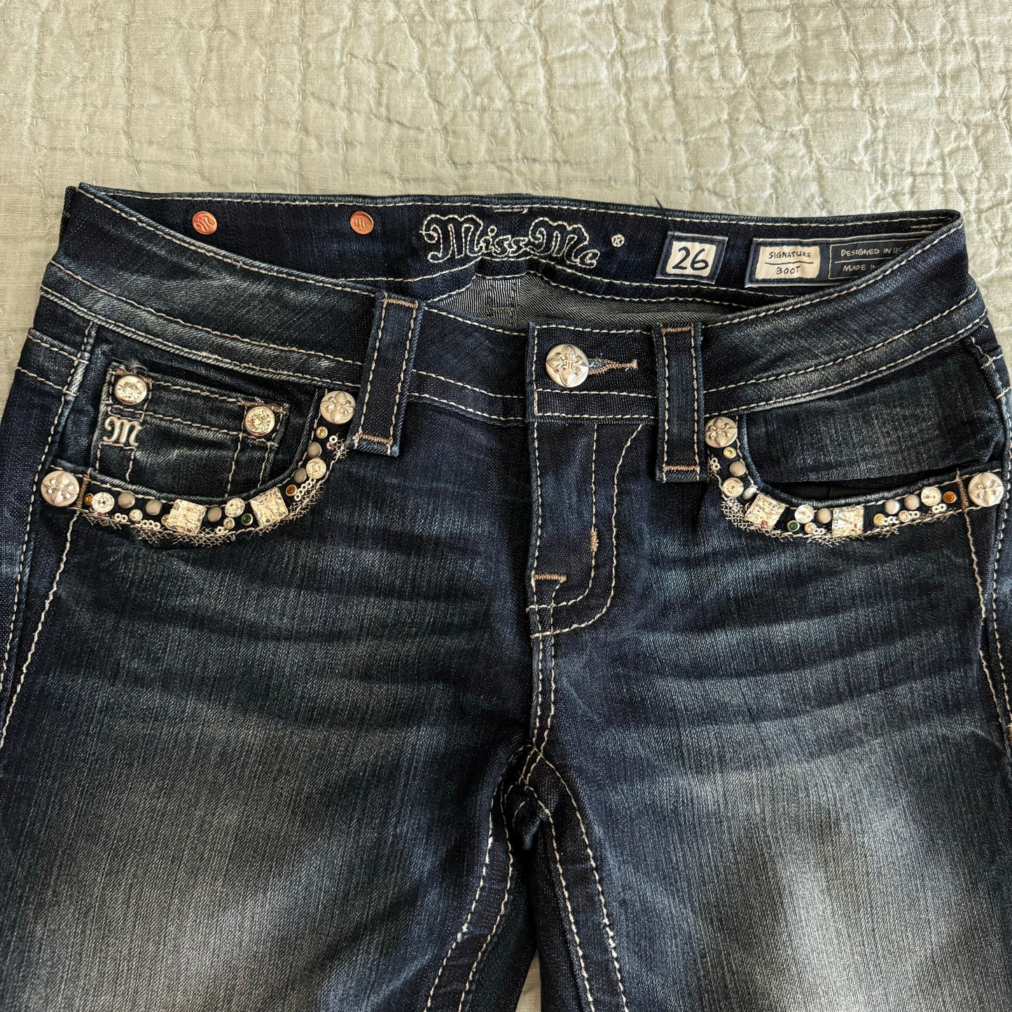 Dark Denim Blue ‘Miss Me’ Y2K Deadstock Embellished Angel Wings Bootcut Lowrise Jeans