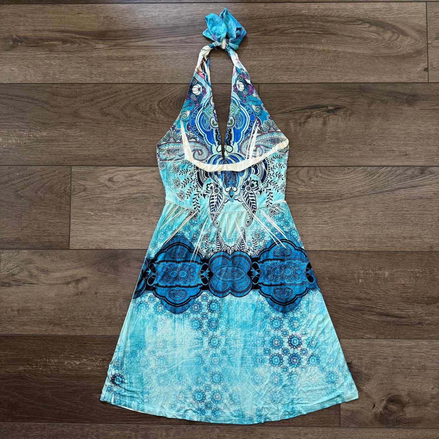 blue y2k rhinestones boho halter dress (S)