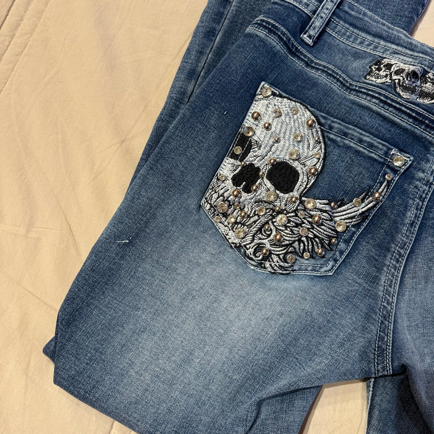 Denim Blue ‘Platinum Plush’ Skull Embroidered High Rise Bootcut Jeans