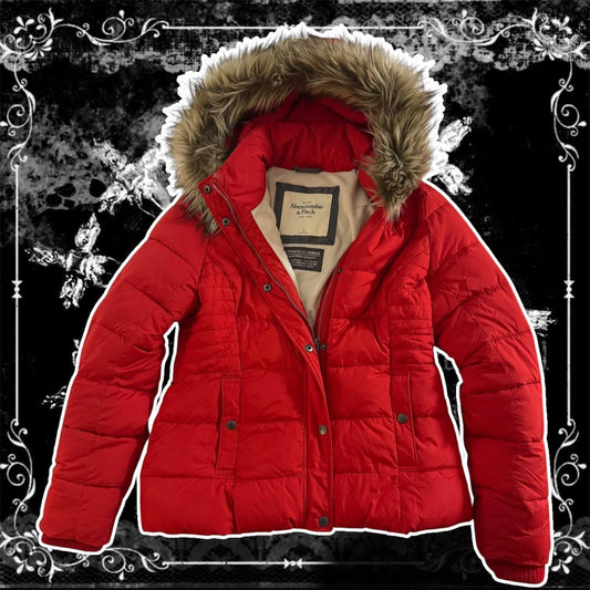 red abercrombie & fitch puffer fur trim premium jacket