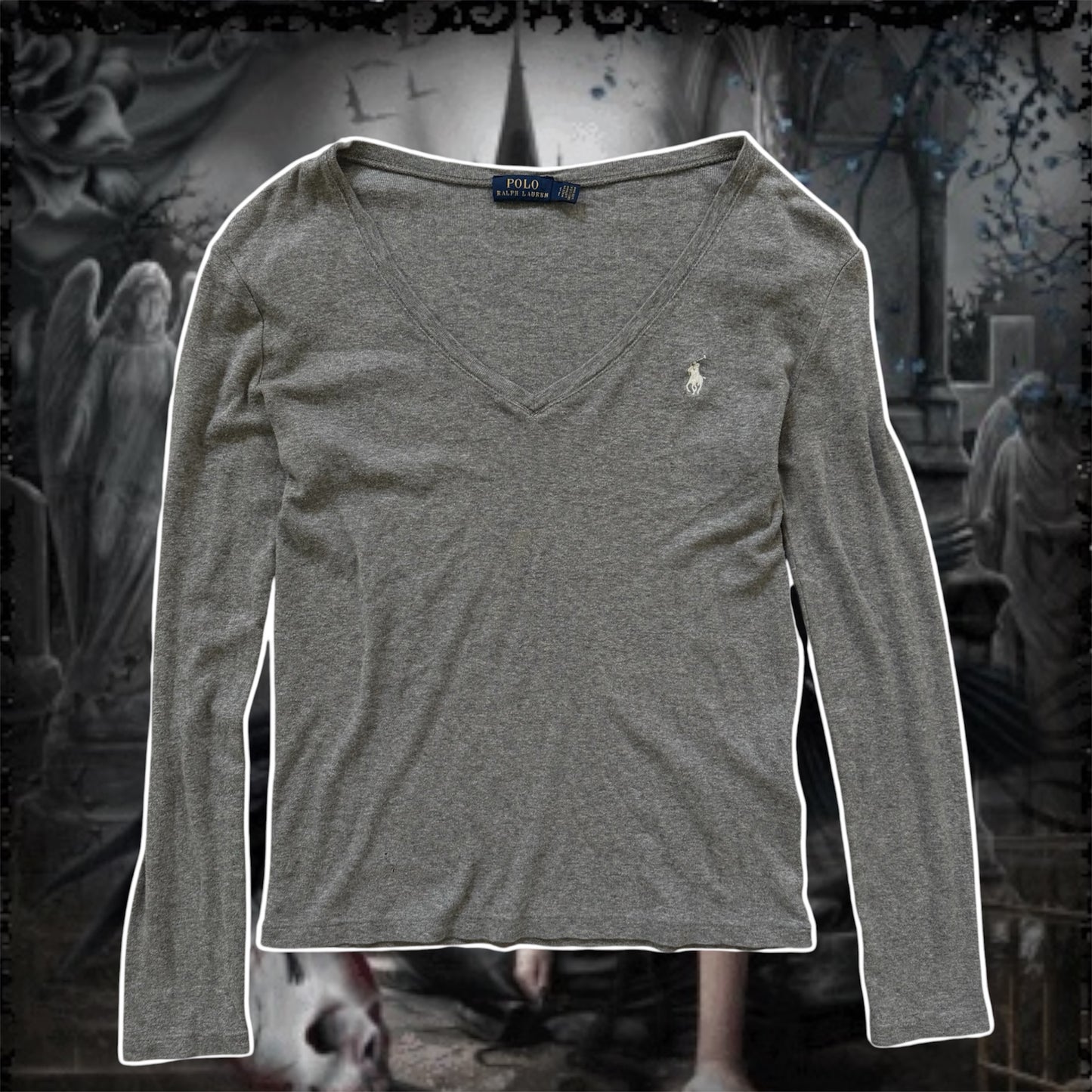 grey v neck prep ralph lauren polo long sleeve shirt