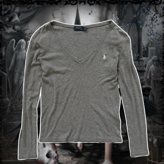 grey v neck prep ralph lauren polo long sleeve shirt