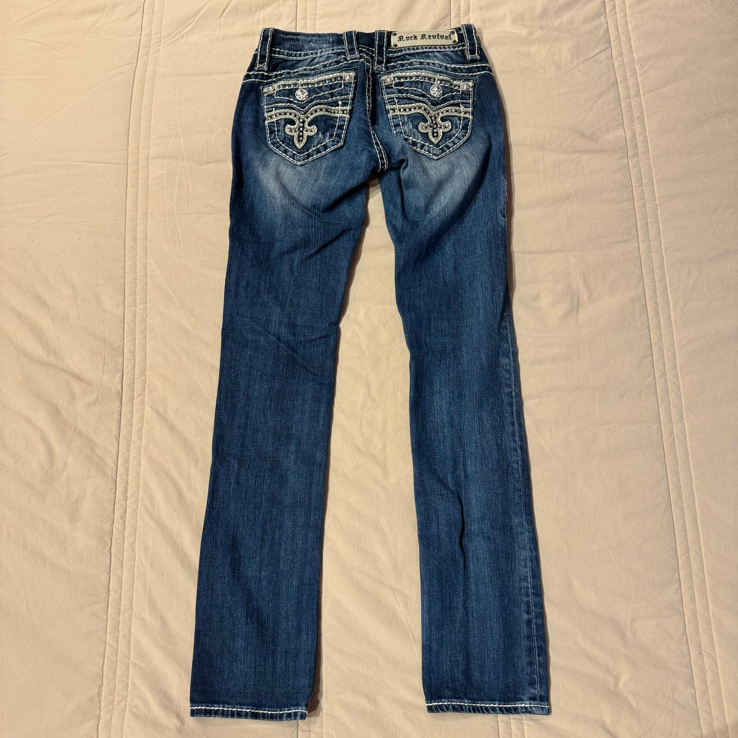 Denim Blue ‘Rock Revival’ Mcbling Embellished Y2K Lowrise Slim Straight Jeans