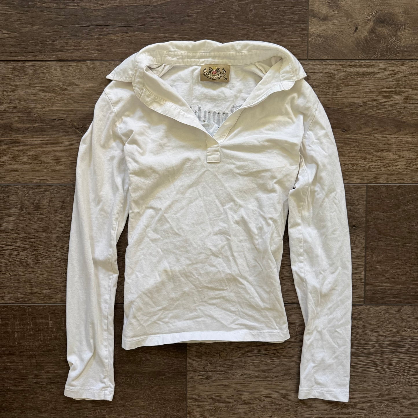 white y2k juicy couture connoisseur v neck long sleeve shirt