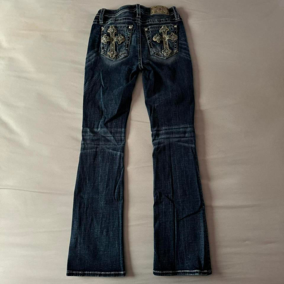 Denim Blue ‘Missme’ Aztec Embroidered Cross Bootcut Midrise Jeans