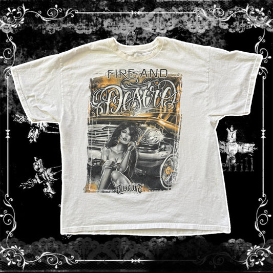 white low rider fire & desire chicano women graphic shirt