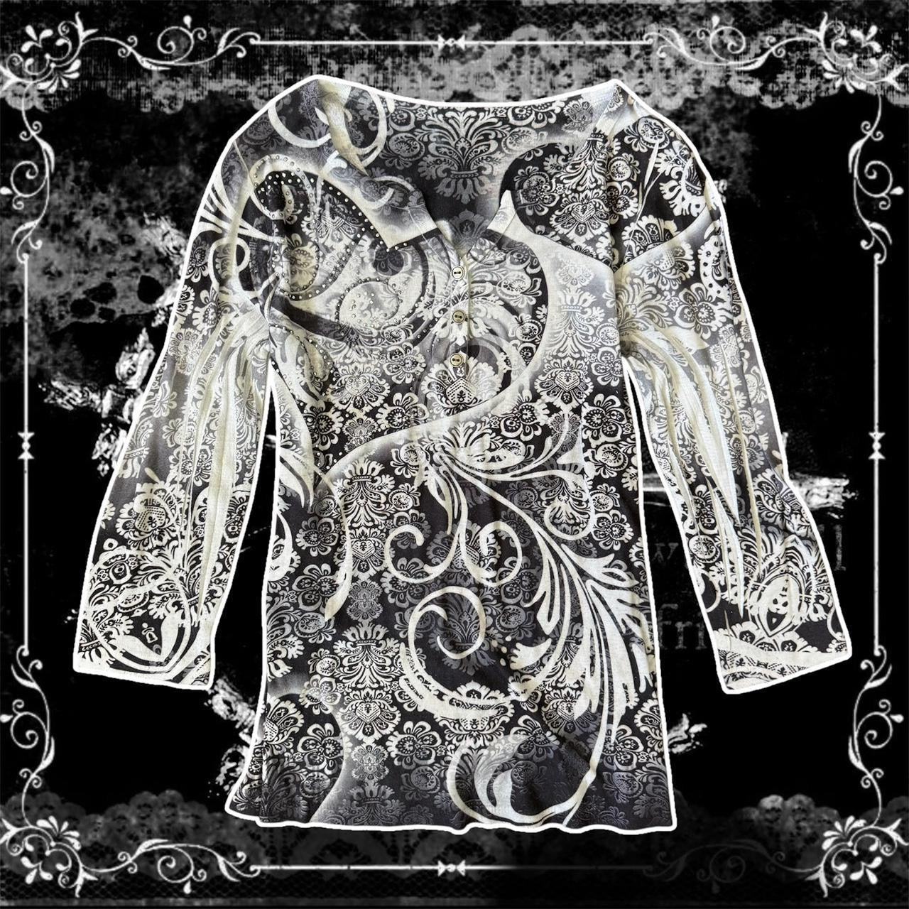 black & white rhinestone y2k gothic 3/4 sleeves shirt