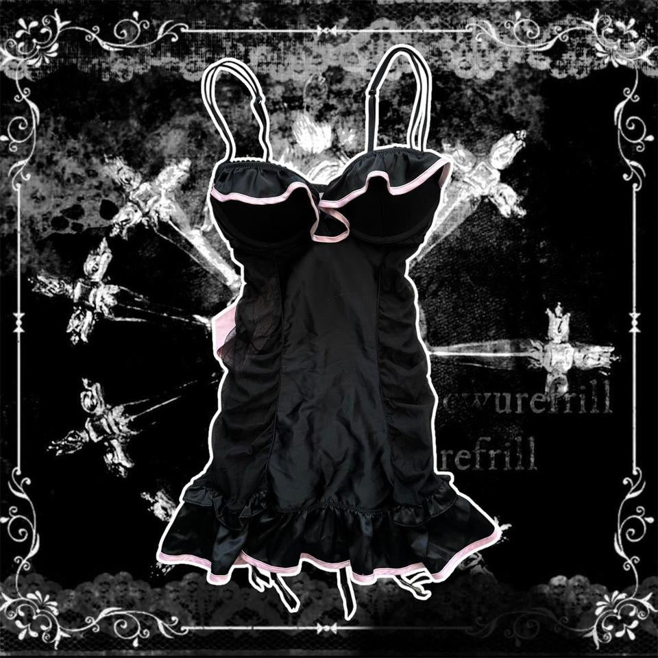 black & pink ruffle tie back gothic lingerie top