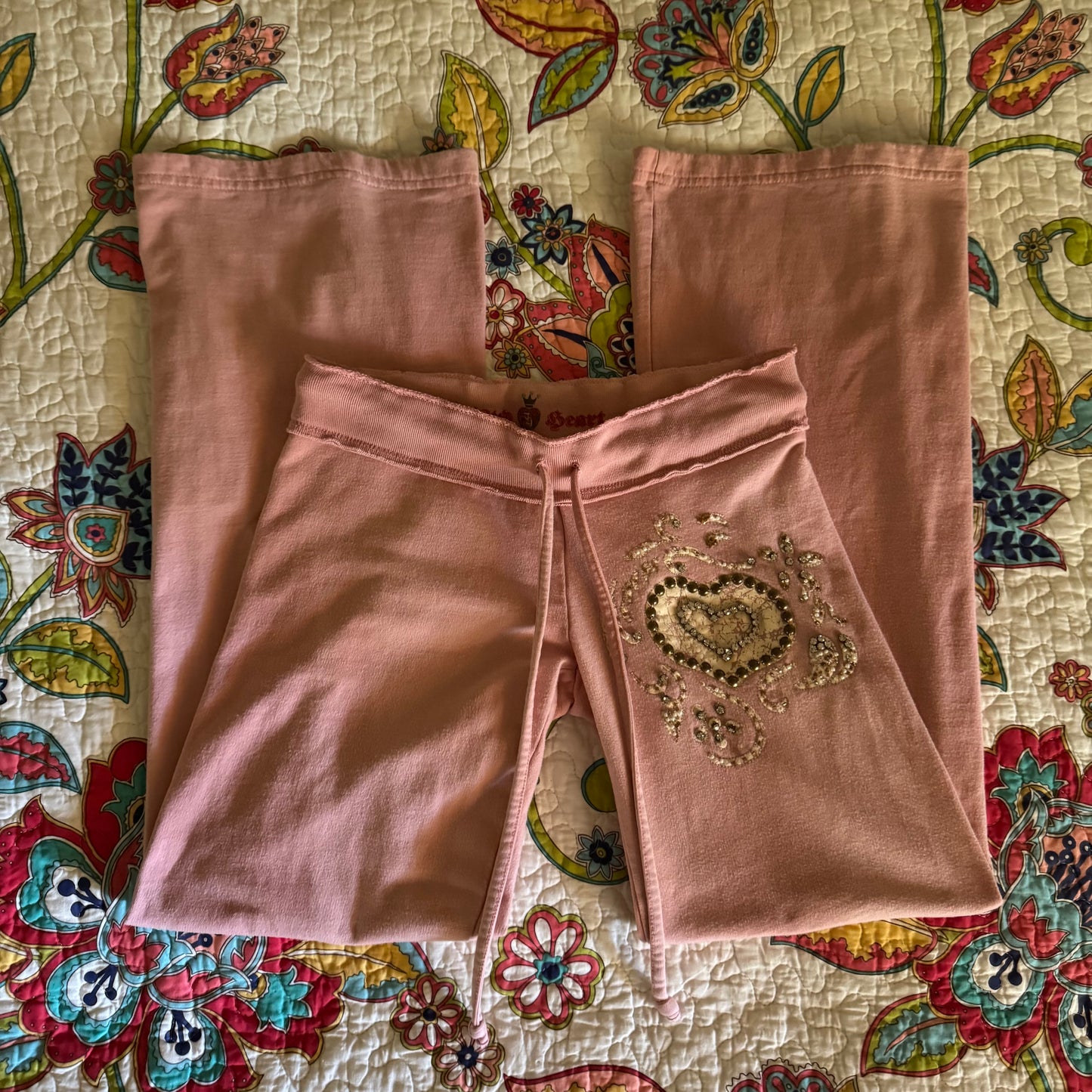 light pink twisted heart rhinestone embellishment low rise flare sweats (S)