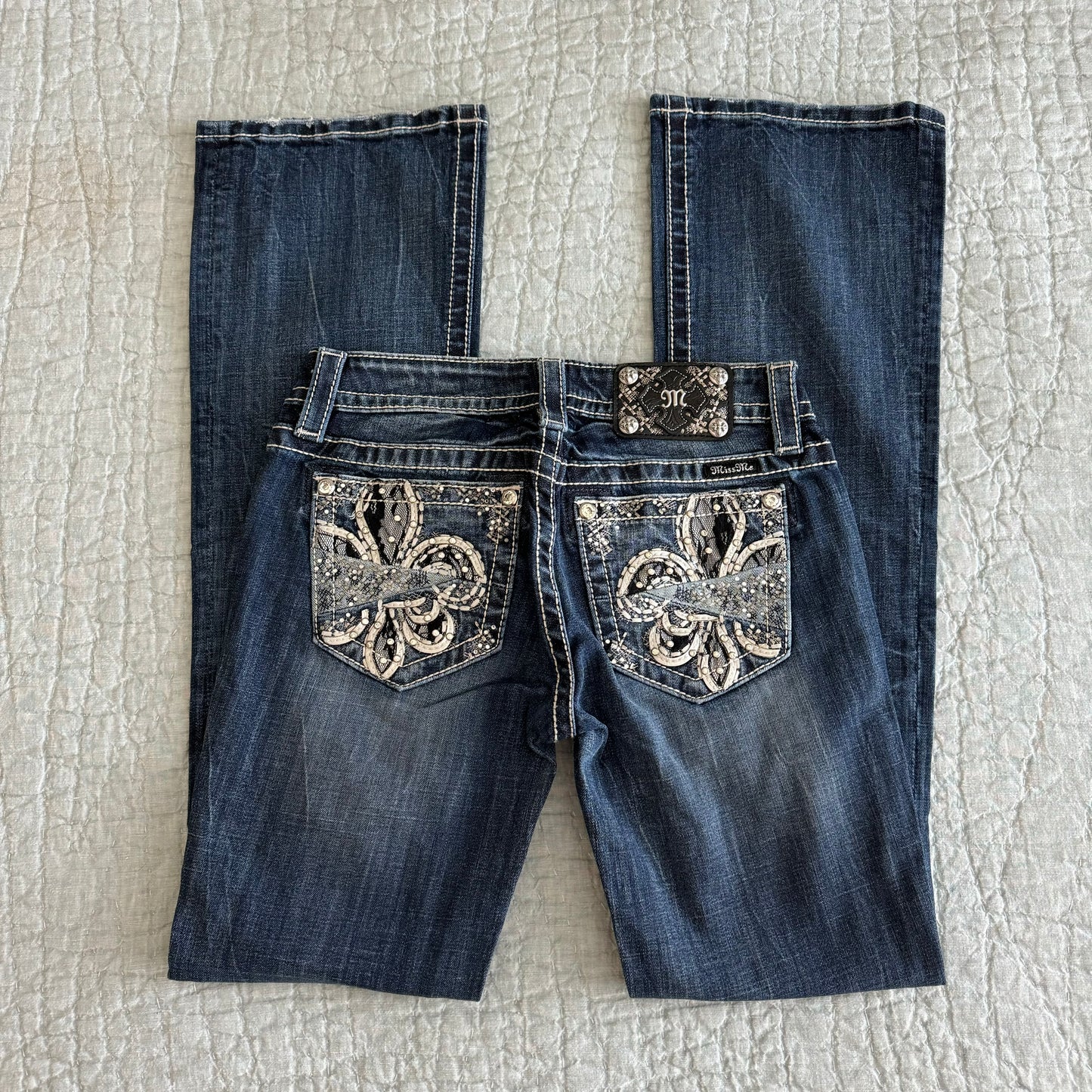 Denim Blue ‘Miss Me’ Embellished Fleur De Lis Y2K Lowrise Bootcut Jeans