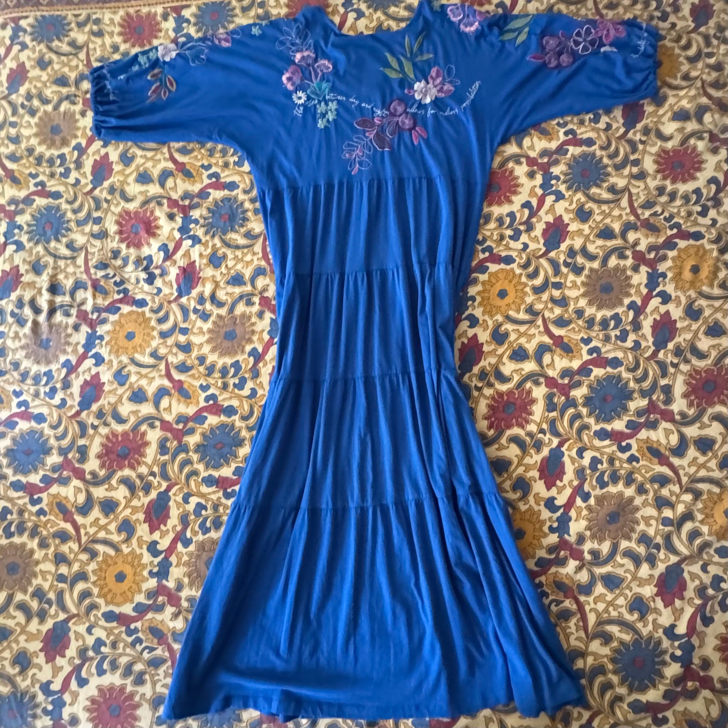 blue NWT boho floral johhny was inspiring embroidered words tiered dress