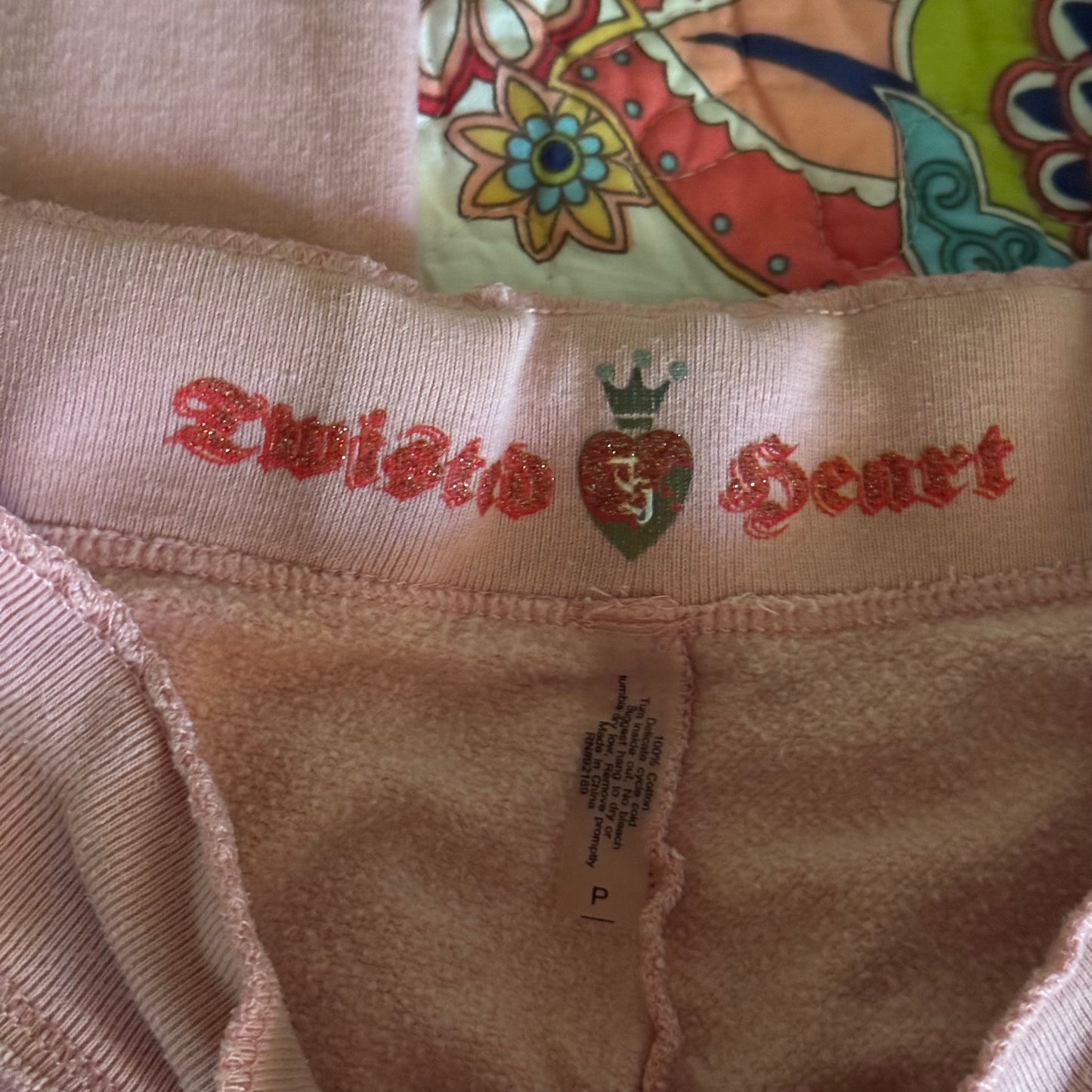 light pink twisted heart rhinestone embellishment low rise flare sweats (S)