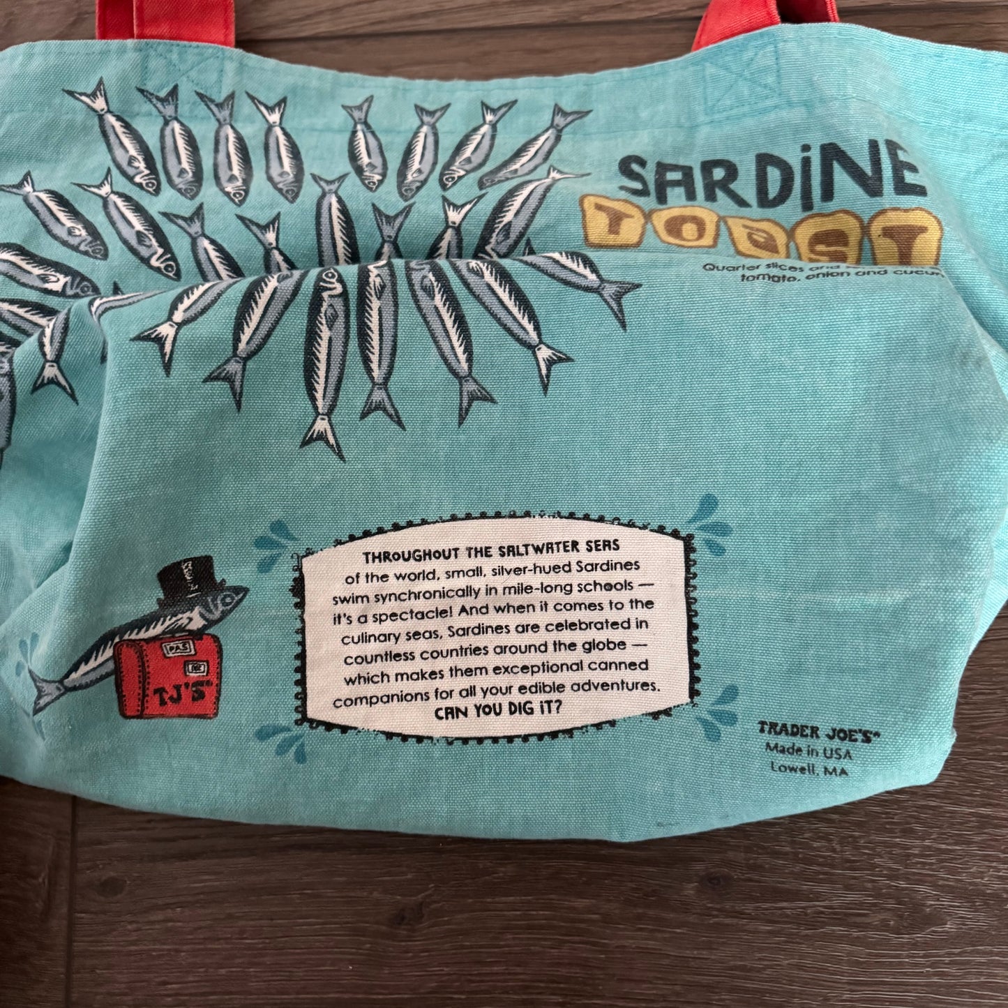 vibrant teal and red trader joe’s sardines tote bag